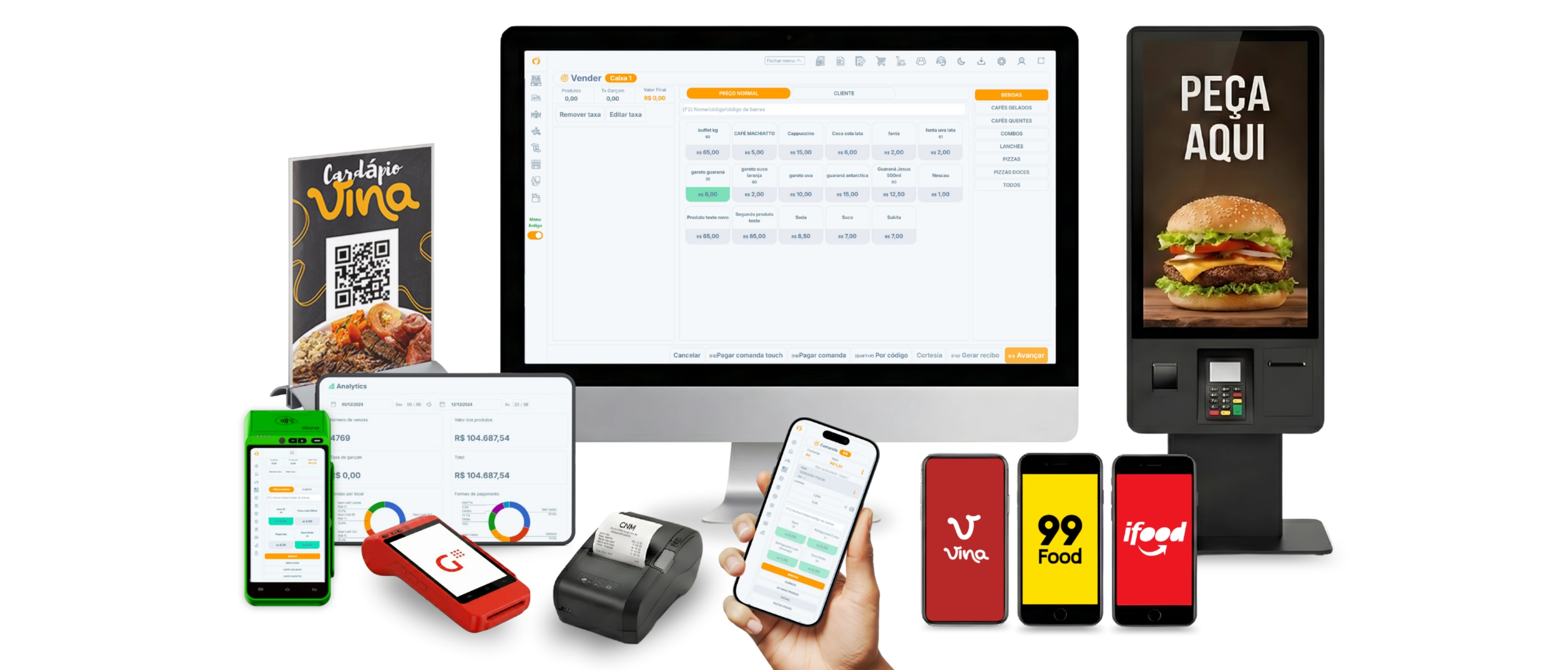 Dashboard completo do sistema ControleNaMão exibindo PDV, relatórios de vendas, gestão de estoque e integrações com delivery