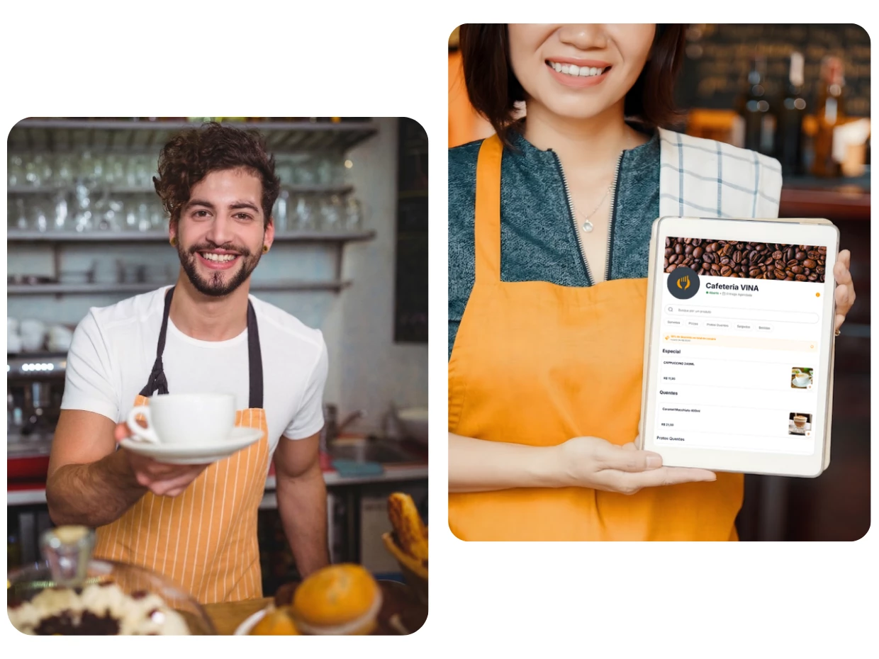 Sistema para cafeteria ControleNaMão rodando no tablet do barista e no computador do caixa