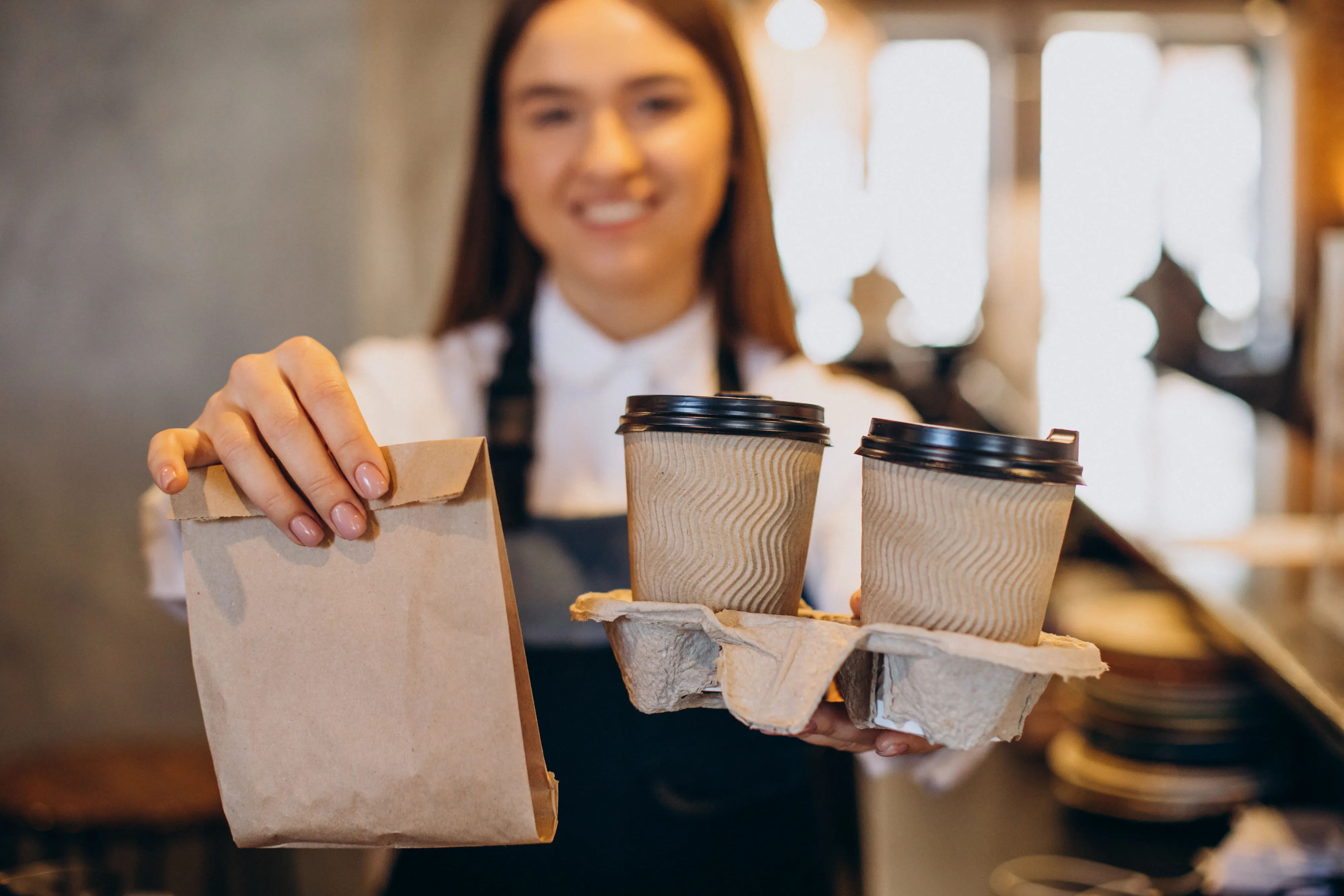 Atendente de cafeteria entregando dois cafés e uma sacola de delivery, ilustrando como um sistema para cafeterias facilita pedidos para viagem.