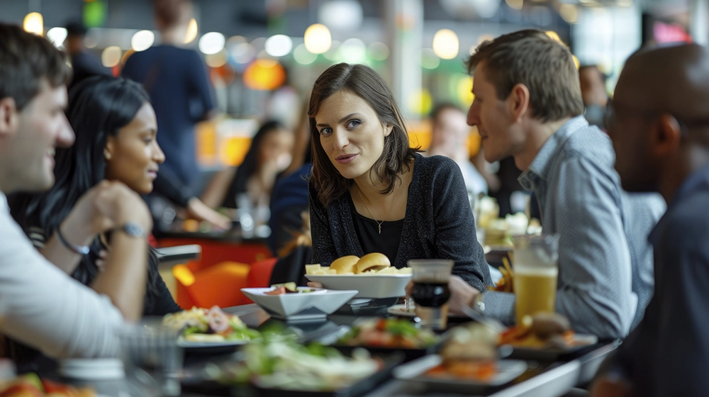 grupo de pessoas em uma mesa de restaurante conversando e dando risada