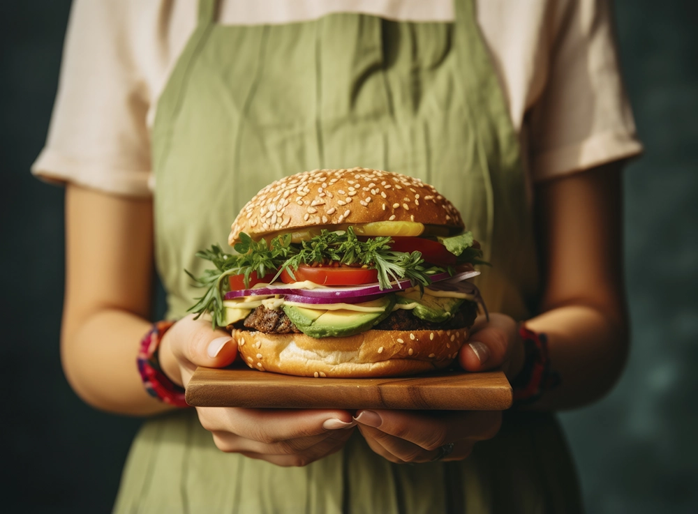 mulher segurando um hamburguer suculento