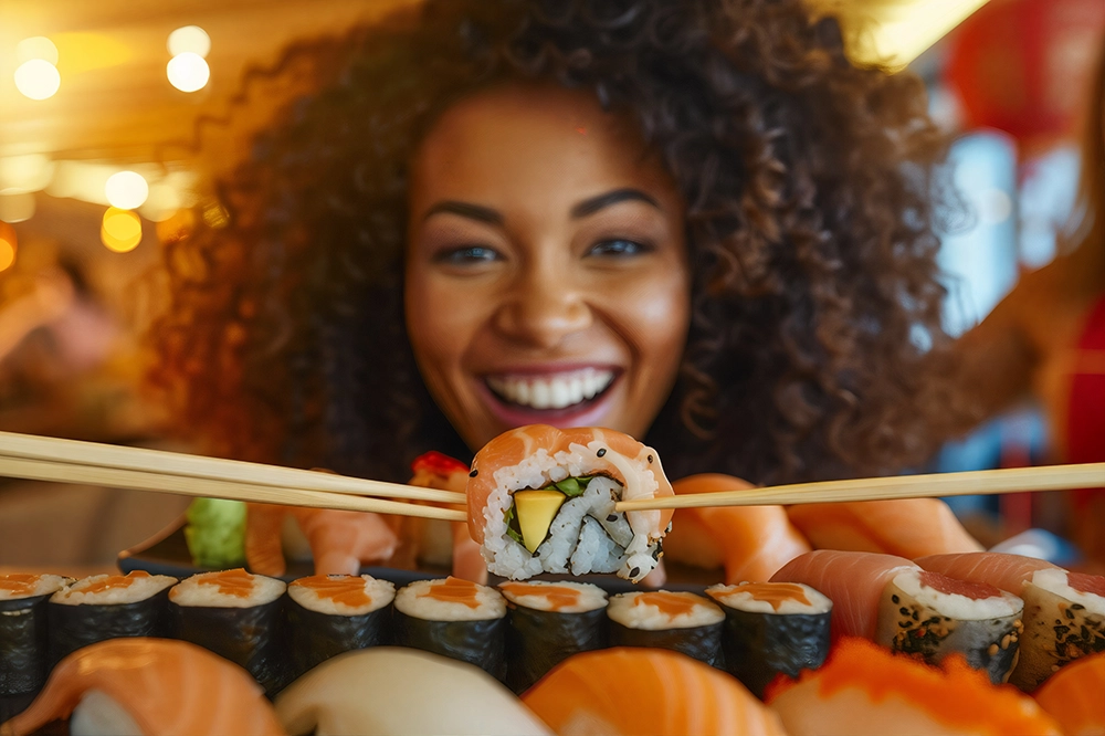 mulher sorridente junto a uma mesa cheia de comida japonesa