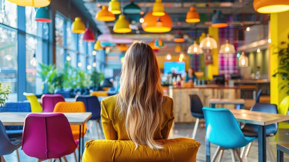 mulher loira sentada em uma cadeira de um restaurante colorido