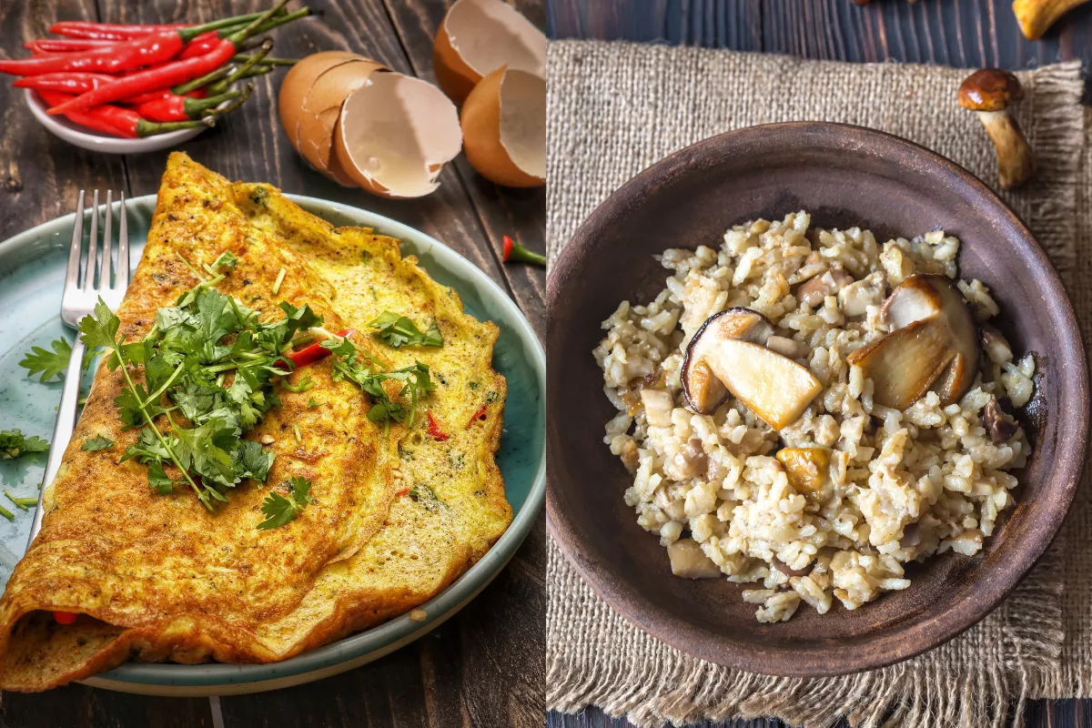 Omelete com ervas e pimentas ao lado de risoto de cogumelos em tigela de barro, ilustrando a diferença entre prato vegetariano e prato vegano no cardápio do restaurante