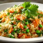 Prato fundo branco com arroz integral vegano refogado com cenoura, ervilhas e coentro fresco, servido em restaurante