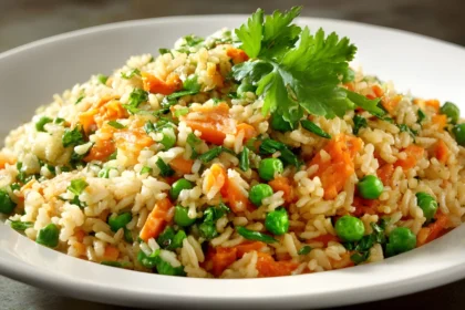 Prato fundo branco com arroz integral vegano refogado com cenoura, ervilhas e coentro fresco, servido em restaurante