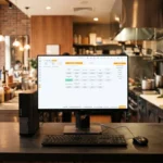 monitor e gabinete desktop ligados no balcão de um restaurante exibindo o sistema ControleNaMão na tela de frente de caixa, com cozinha aberta ao fundo