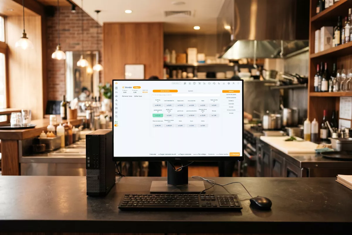 monitor e gabinete desktop ligados no balcão de um restaurante exibindo o sistema ControleNaMão na tela de frente de caixa, com cozinha aberta ao fundo