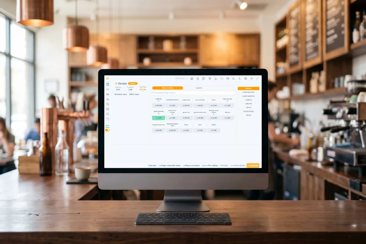 computador all-in-one no balcão de uma cafeteria exibindo o sistema ControleNaMão na tela de frente de caixa, com ambiente de restaurante ao fundo
