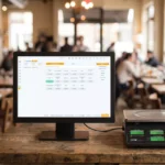 Monitor de frente de caixa exibindo sistema de PDV com interface laranja e branca, conectado por cabo a uma balança Toledo Prix 3 sobre balcão de madeira rústica, com salão de restaurante cheio de clientes desfocado ao fundo