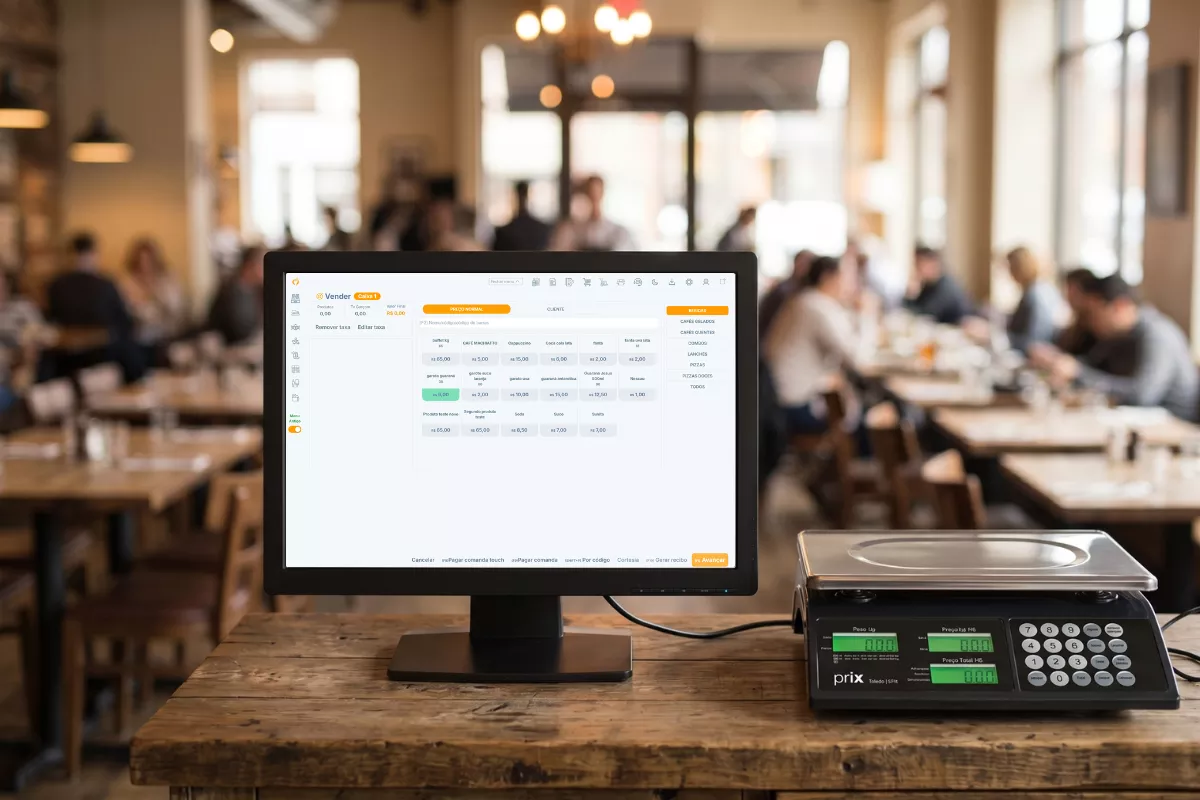 Monitor de frente de caixa exibindo sistema de PDV com interface laranja e branca, conectado por cabo a uma balança Toledo Prix 3 sobre balcão de madeira rústica, com salão de restaurante cheio de clientes desfocado ao fundo