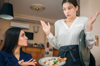 Cliente insatisfeita sentada à mesa questiona garçonete que segura prato e tampa com expressão de surpresa, no salão de restaurante com mesas e quadros ao fundo