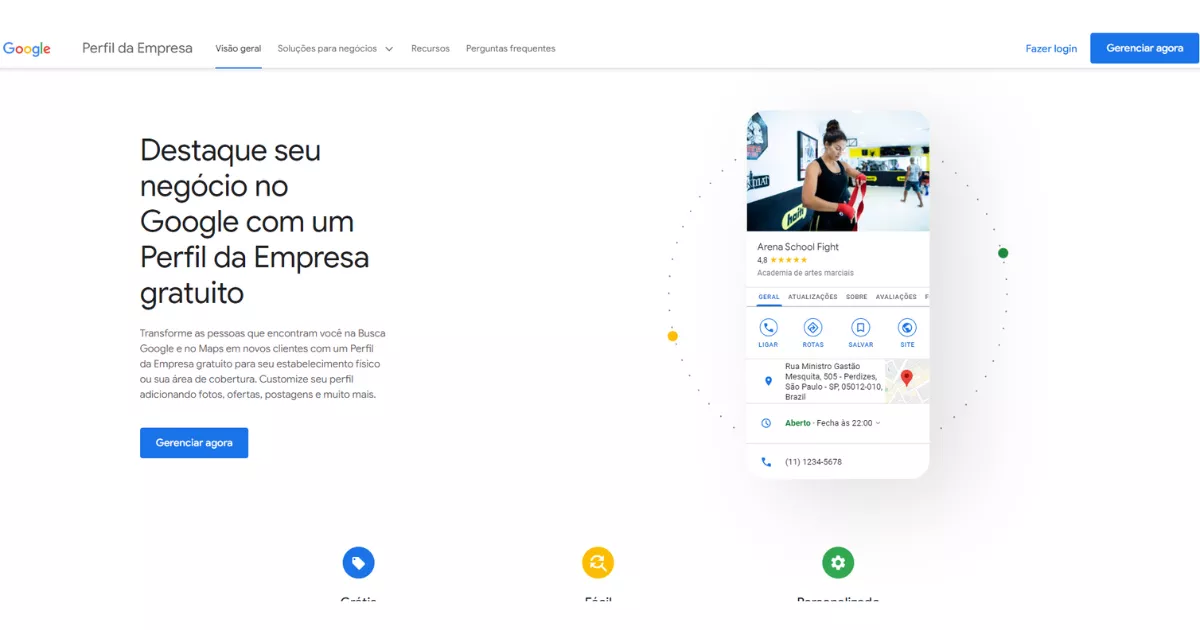 Página inicial do Google Perfil da Empresa com o título "Destaque seu negócio no Google com um Perfil da Empresa gratuito", botão Gerenciar agora e prévia de um perfil com nota 4.8 estrelas, endereço, horário e telefone