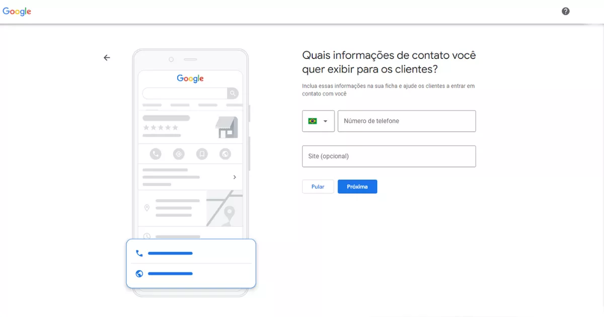 Tela do Google Perfil da Empresa com o formulário "Quais informações de contato você quer exibir para os clientes" mostrando campos de número de telefone com bandeira do Brasil e site opcional, com botões Pular e Próxima