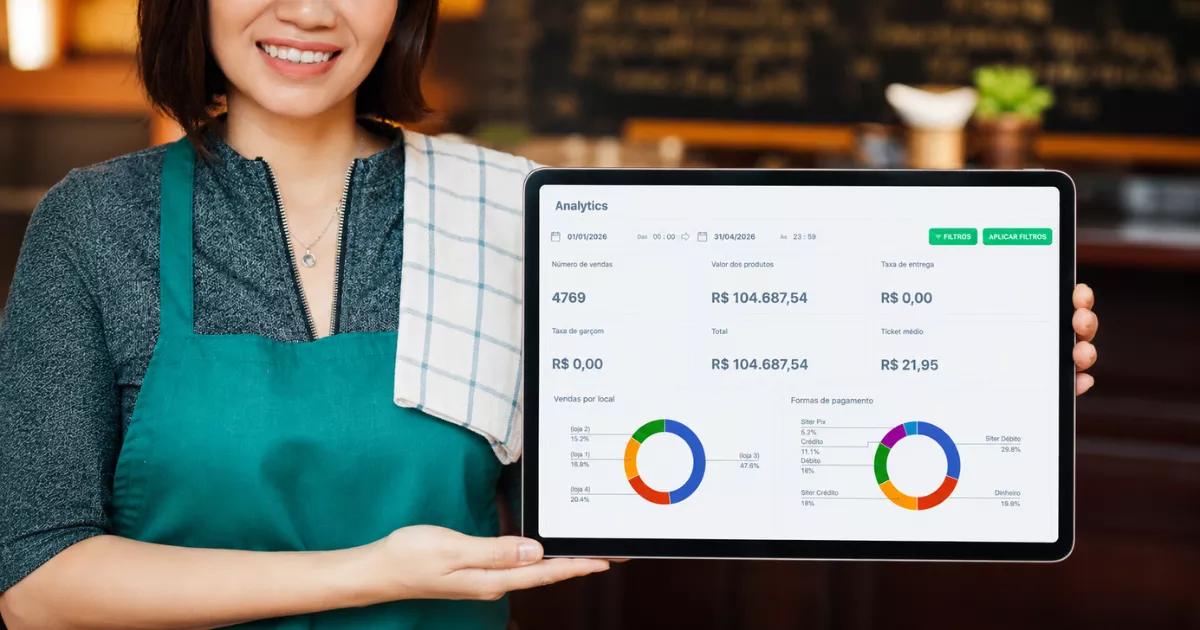 Dona de restaurante de avental verde segurando tablet com a tela do CNM Analytics mostrando 4.769 vendas, faturamento de R$ 104.687,54, ticket médio de R$ 21,95 e gráficos de vendas por local e formas de pagamento