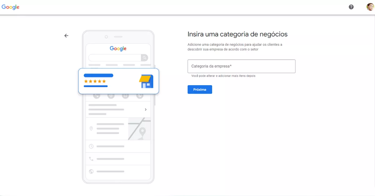 Tela do Google Perfil da Empresa mostrando o campo "Insira uma categoria de negócios" com o botão Próxima, ao lado de uma prévia de como o perfil aparece no celular com estrelas e ícone de loja