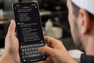 Cozinheiro de touca branca segura o celular mostrando uma conversa no ChatGPT com dicas para aumentar vendas, fidelizar clientes e reduzir desperdício do restaurante.