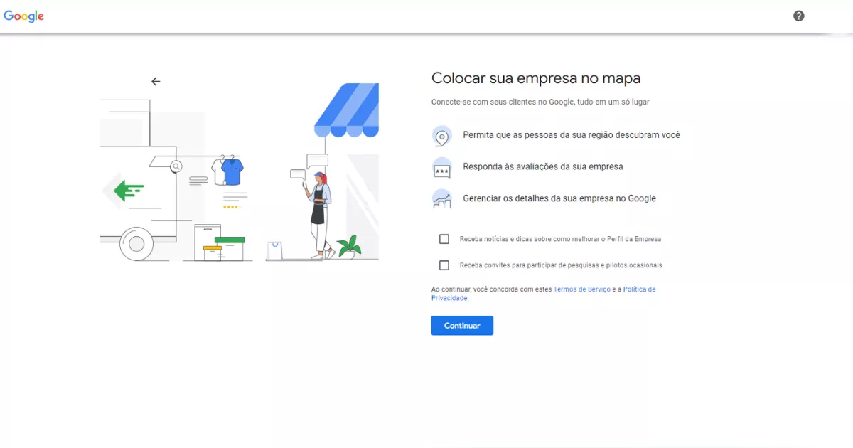 Tela do Google Perfil da Empresa com a página "Colocar sua empresa no mapa" mostrando os benefícios de ser descoberto por clientes, responder avaliações e gerenciar detalhes, com botão Continuar