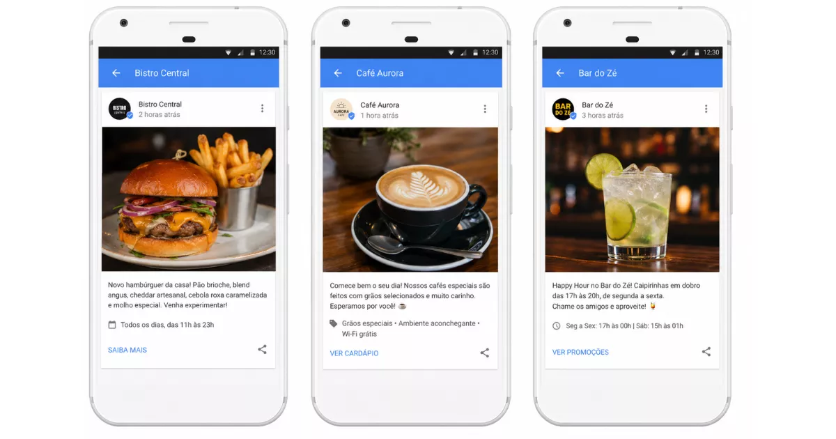 Três celulares lado a lado mostrando exemplos de Google Posts de restaurantes: Bistro Central com foto de hambúrguer, Café Aurora com foto de café e Bar do Zé com foto de drinks, cada um com texto promocional e botão de ação