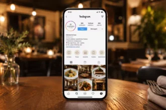 Celular exibe o perfil comercial do restaurante Sabores da Casa no Instagram, com bio, endereço, horário e Destaques de cardápio, sobre mesa de madeira no salão iluminado