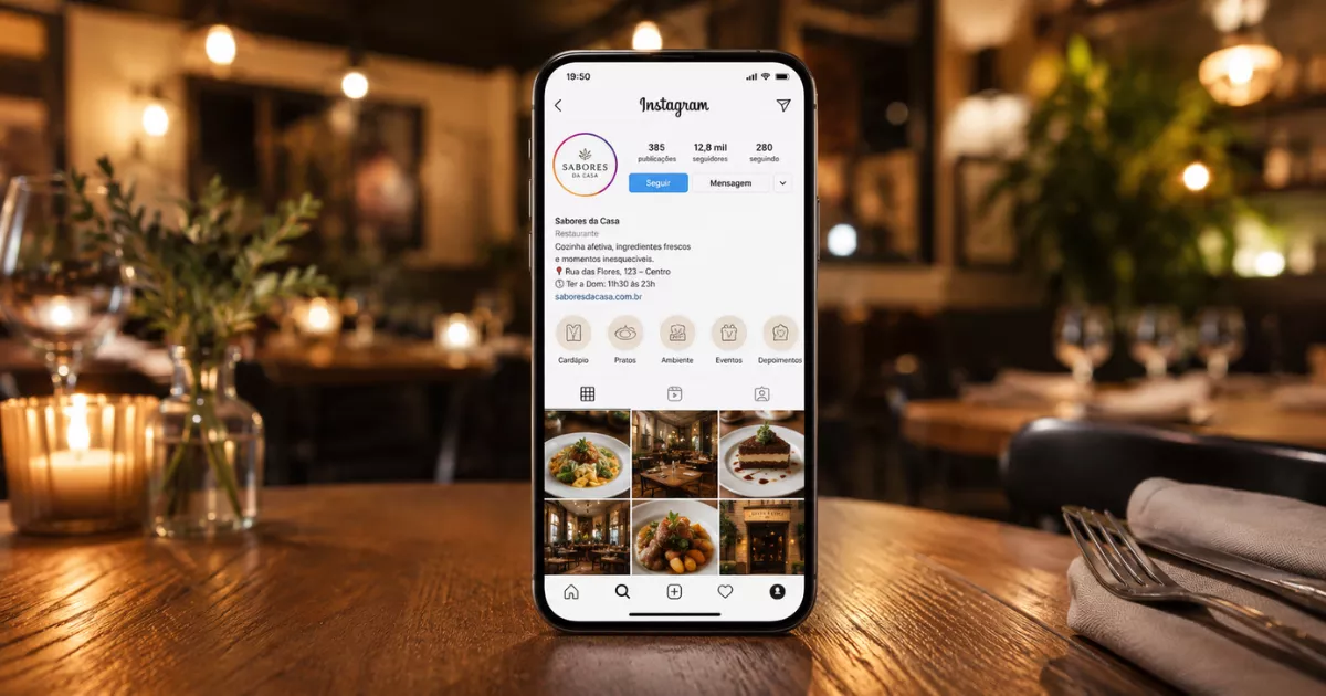 Celular exibe o perfil comercial do restaurante Sabores da Casa no Instagram, com bio, endereço, horário e Destaques de cardápio, sobre mesa de madeira no salão iluminado