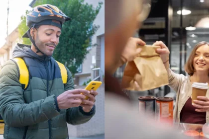 Ciclista entregador com mochila térmica amarela consultando o celular na rua, ao lado de cliente retirando sacola kraft e café no balcão de restaurante