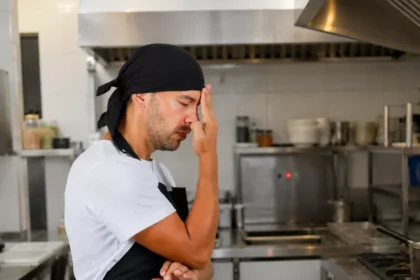 Cozinheiro de bandana preta e avental com a mão no rosto, expressão de cansaço, parado na cozinha profissional durante o horário de pico do restaurante