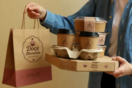 Pessoa de jaqueta jeans segurando conjunto de embalagens personalizadas de confeitaria com logotipo impresso em sacola kraft, potes e caixa prontos para entrega de delivery