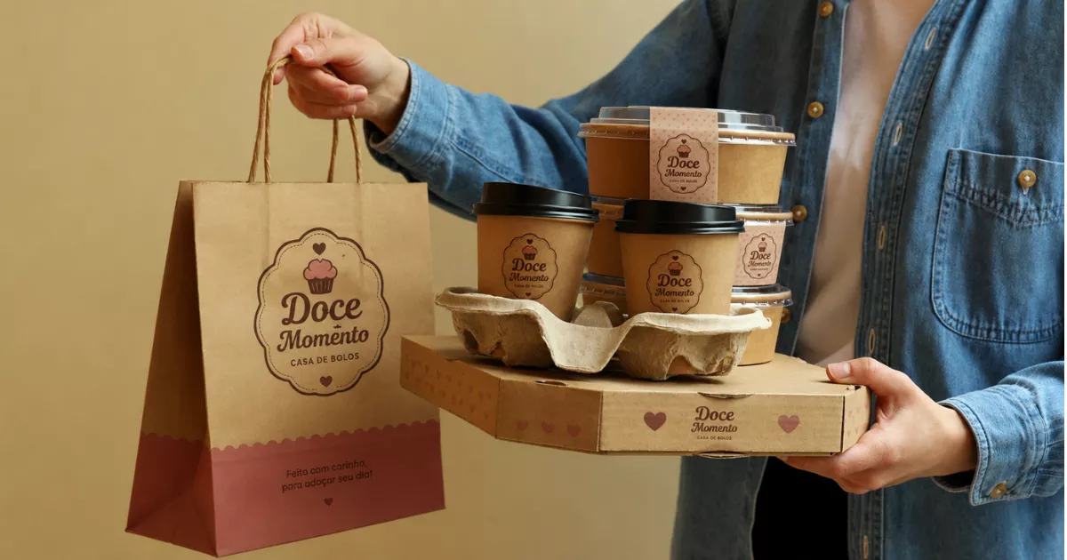 Pessoa de jaqueta jeans segurando conjunto de embalagens personalizadas de confeitaria com logotipo impresso em sacola kraft, potes e caixa prontos para entrega de delivery