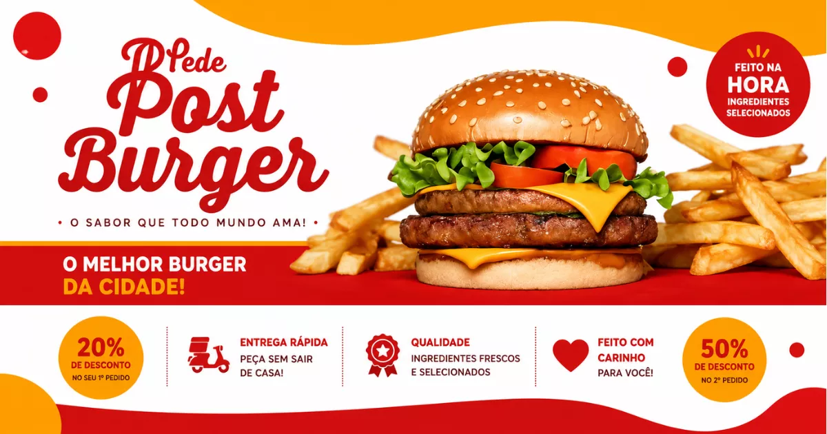 Panfleto colorido de hamburgueria com hambúrguer e batatas fritas em destaque, ofertas de desconto de 20% no primeiro pedido e 50% no segundo pedido