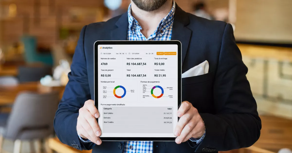 Gestor de terno segurando tablet que exibe o painel Analytics do ControleNaMão com gráficos de vendas por local e formas de pagamento