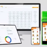 Tela do sistema ControleNaMão aberta em monitor, tablet e maquininha Stone, mostrando o PDV com cardápio de pizzaria, painel Analytics com gráfico de vendas por loja e tela de venda rápida com produtos e botão de pagamento