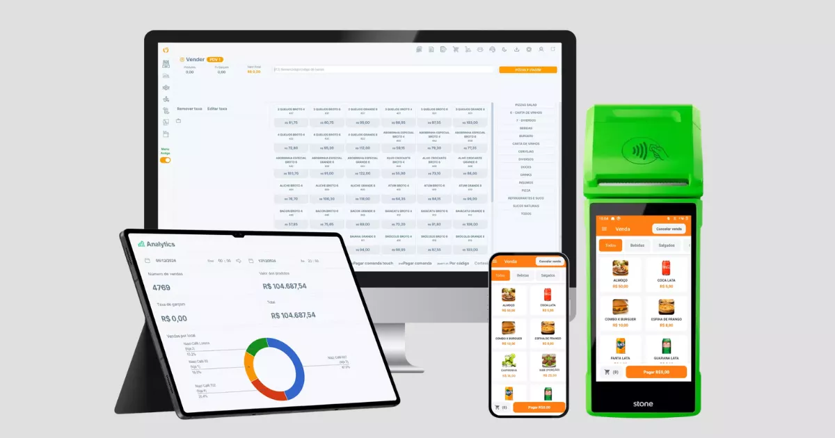 Tela do sistema ControleNaMão aberta em monitor, tablet e maquininha Stone, mostrando o PDV com cardápio de pizzaria, painel Analytics com gráfico de vendas por loja e tela de venda rápida com produtos e botão de pagamento