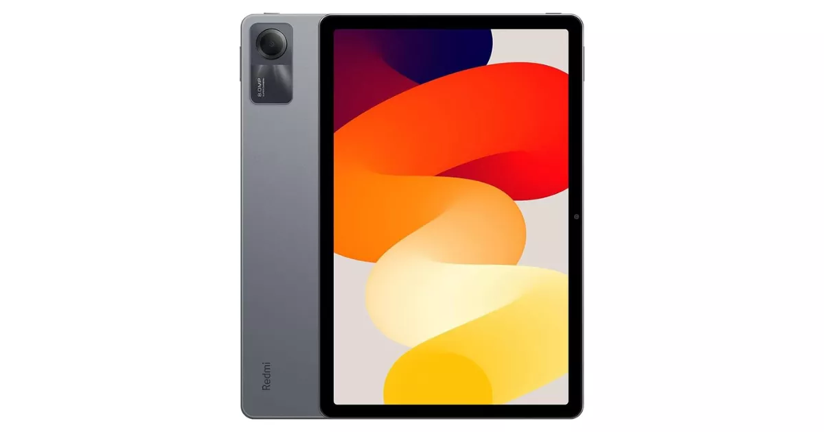 Tablet Redmi Pad SE na cor cinza grafite exibindo frente e verso do aparelho, com tela de 11 polegadas mostrando papel de parede colorido em laranja, vermelho e amarelo sobre fundo branco