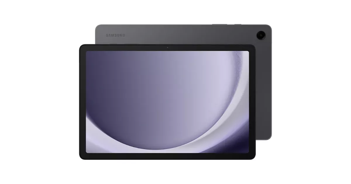 Tablet Samsung Galaxy Tab A9+ na cor grafite exibindo frente e verso do aparelho, com tela de 11 polegadas e papel de parede em tons de lilás e prata sobre fundo branco