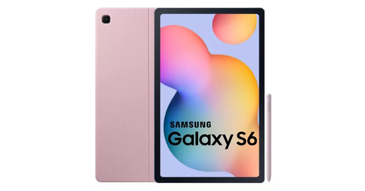 Tablet Samsung Galaxy Tab S6 Lite na cor rosê exibindo frente e verso do aparelho ao lado da S Pen inclusa, com tela de 10,4 polegadas mostrando o logo Galaxy S6 sobre fundo claro