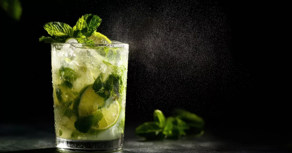 Copo com mojito sem álcool, rodelas de limão, folhas de hortelã e gelo, com névoa refrescante ao fundo e ramos de hortelã sobre mesa escura