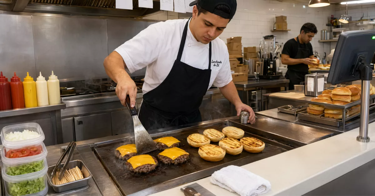 Cozinheiro de avental preto vira hambúrguer com queijo derretido na chapa, com pães tostando ao lado e ingredientes organizados na bancada de uma lanchonete em operação
