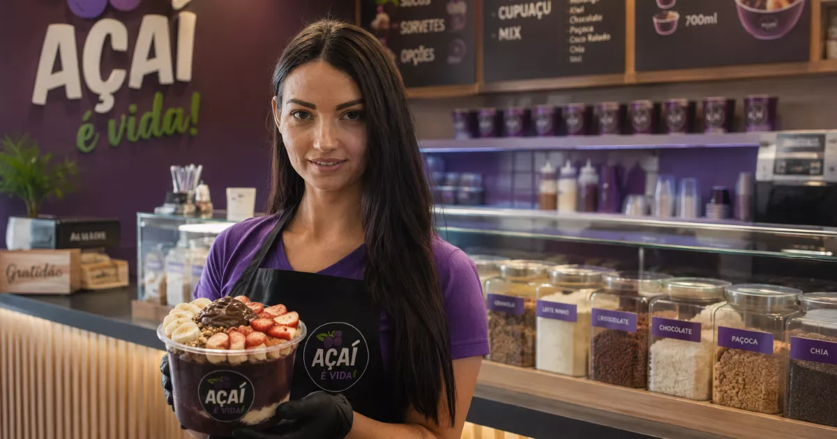Funcionária de açaiteria com camiseta roxa e avental preto segurando tigela grande de açaí coberta com morangos, banana, granola e calda de chocolate, com potes de complementos etiquetados ao fundo