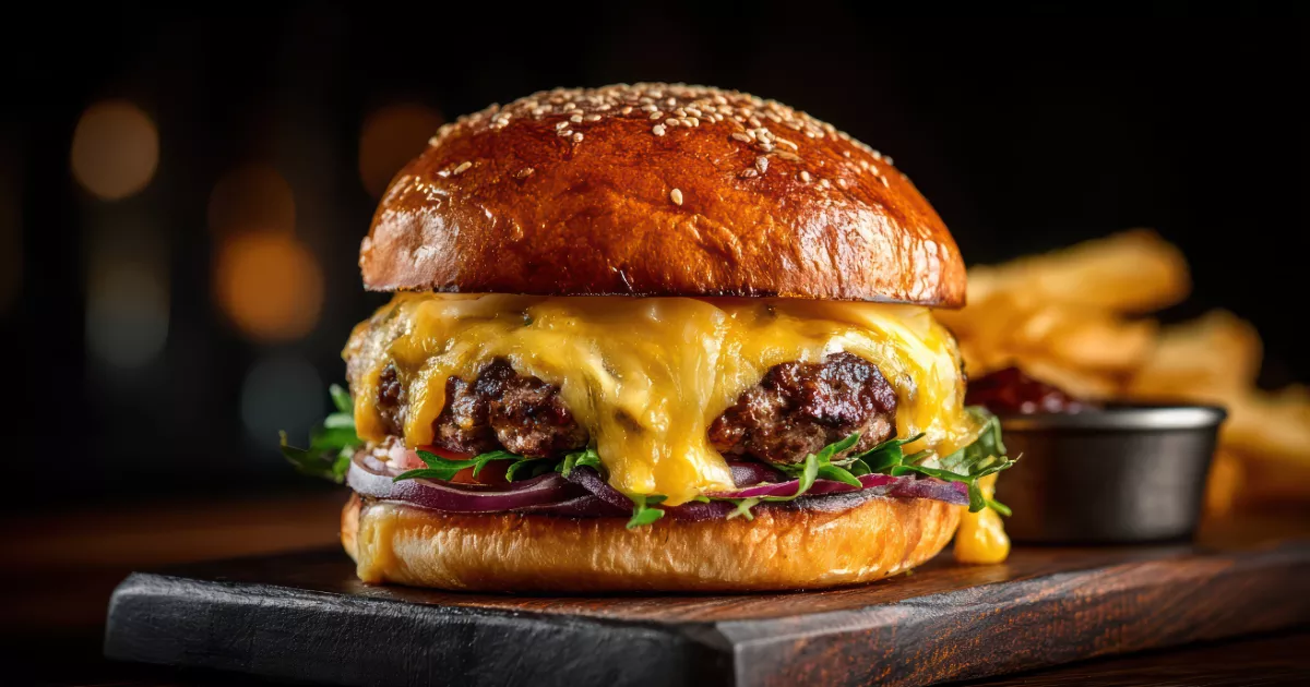 Hambúrguer com cheddar derretendo sobre o blend e cebola roxa, servido em tábua de madeira escura com batata frita ao lado, iluminação de hamburgueria ao fundo
