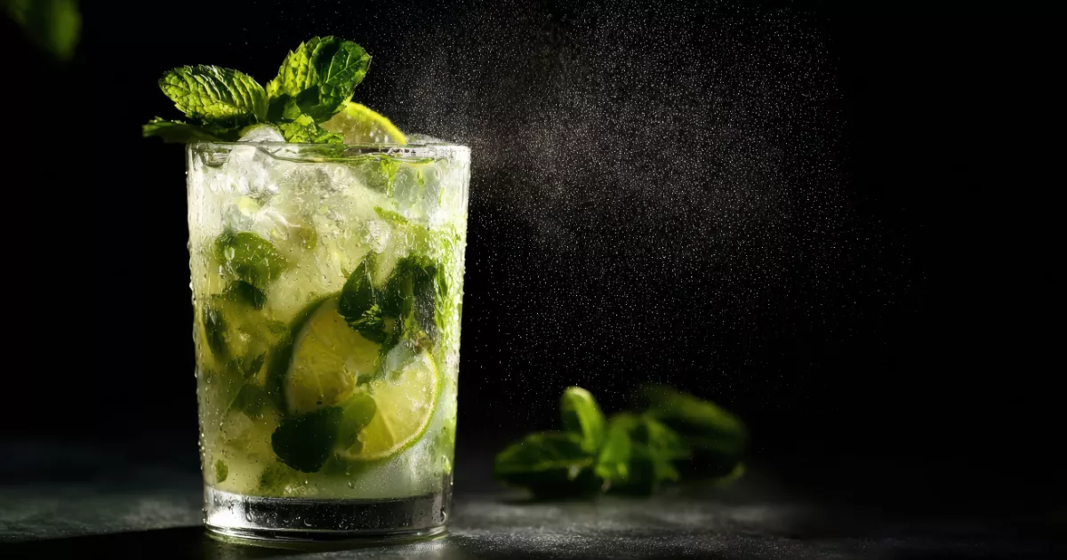 Copo de Mojito com fatias de limão, folhas de hortelã e gelo sobre superfície escura, gotículas de água suspensas ao redor do drink