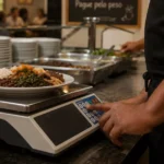 Atendente de avental preto pesando prato montado com arroz, feijão, legumes e carne em balança eletrônica de restaurante por quilo, com placa "Pague pelo peso" ao fundo