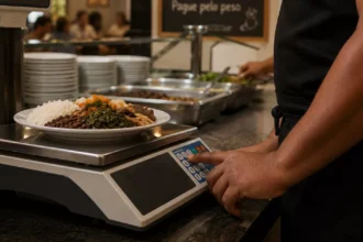 Atendente de avental preto pesando prato montado com arroz, feijão, legumes e carne em balança eletrônica de restaurante por quilo, com placa "Pague pelo peso" ao fundo