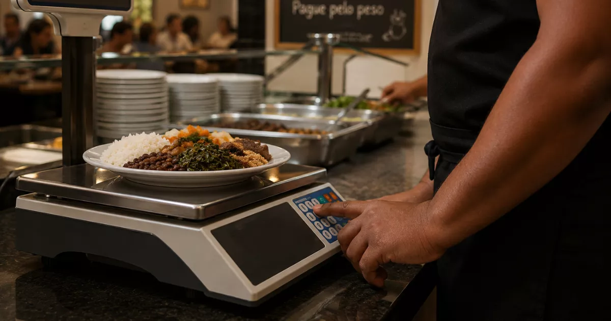 Atendente de avental preto pesando prato montado com arroz, feijão, legumes e carne em balança eletrônica de restaurante por quilo, com placa "Pague pelo peso" ao fundo