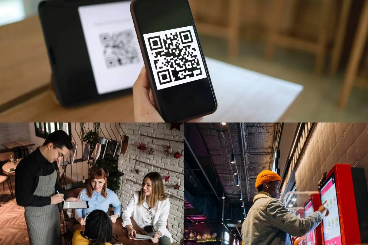 Colagem de imagens mostrando cardápio digital com QR Code, garçom usando tablet e cliente utilizando totem de autoatendimento em restaurante.