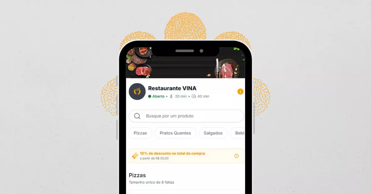 Tela de celular exibindo o cardápio digital Vina Delivery do "Restaurante VINA" com categorias Pizzas, Pratos Quentes e Salgados, elementos decorativos laranjas ao redor