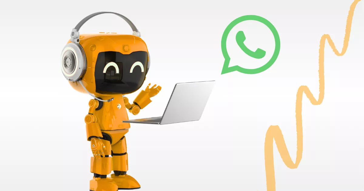 Robô laranja com fones de ouvido segurando notebook aberto, ícone do WhatsApp flutuando ao lado, representando o chatbot com inteligência artificial para restaurantes
