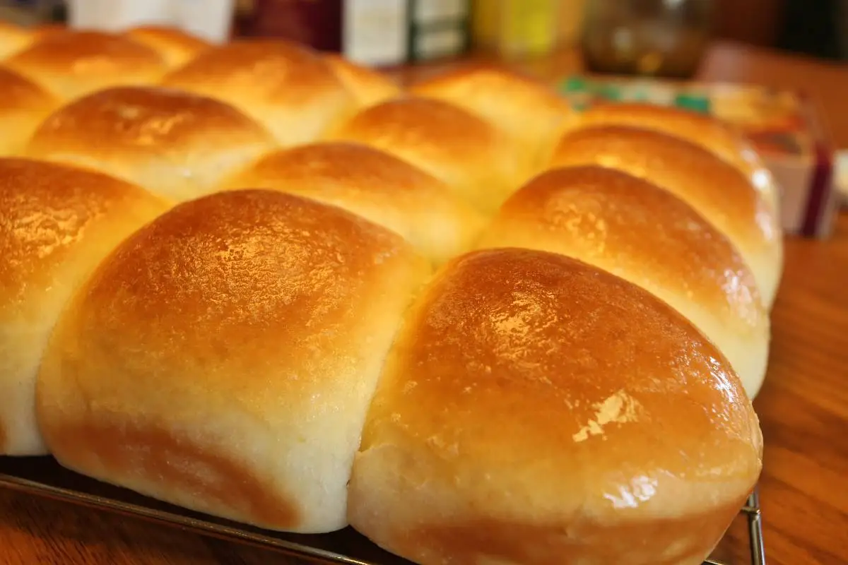 Pães caseiros recém-assados com aparência dourada e macia.
