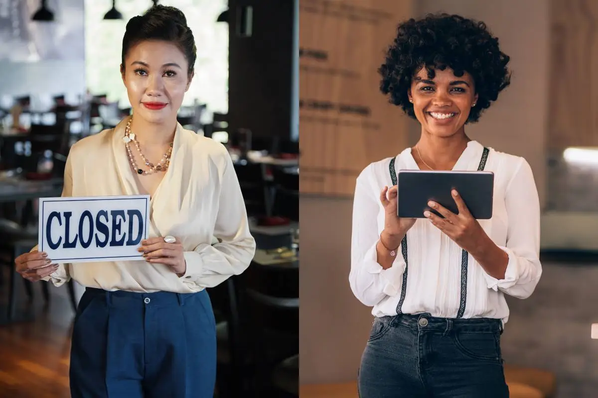 Duas empresárias de restaurante em situações opostas: à esquerda, uma mulher segura uma placa de "Closed", indicando o fechamento do restaurante; à direita, uma empresária sorridente usa um tablet, representando uma gestão digital e eficiente.