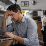 Gestor preocupado consulta um notebook no balcão enquanto uma funcionária trabalha ao fundo da cozinha de um restaurante.